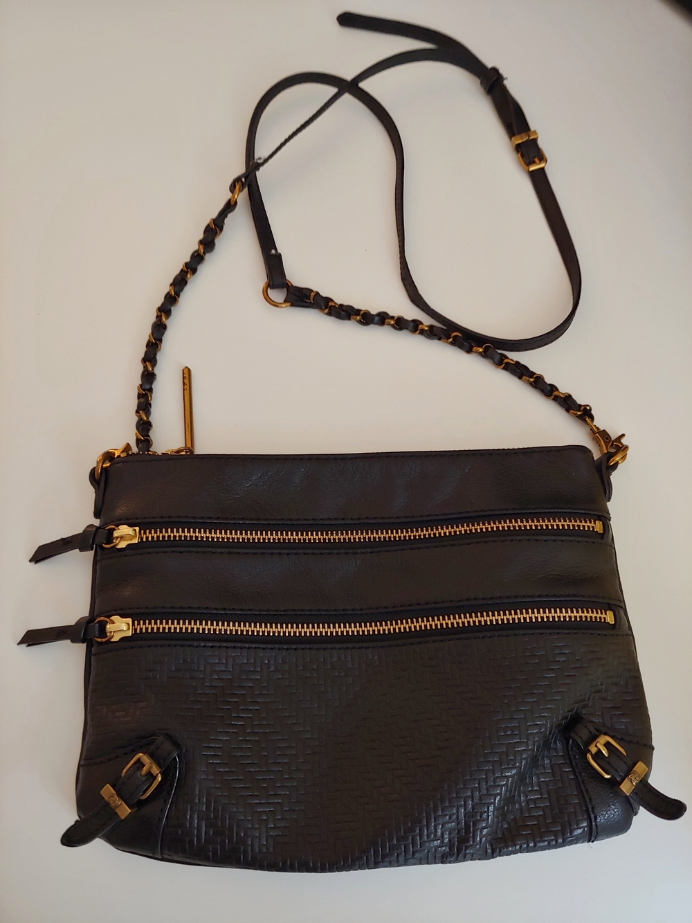 Elliott Lucca Black Leather Crossbody with Gold Tone Hardware